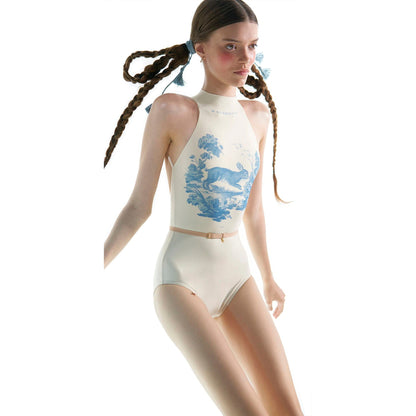 女士白色印花'ALPINE FAUNA'挂脖芭蕾舞连体衣(201LE20VL/cuniculus)