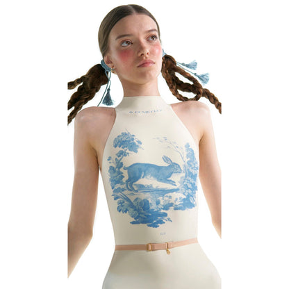 女士白色印花'ALPINE FAUNA'挂脖芭蕾舞连体衣(201LE20VL/cuniculus)