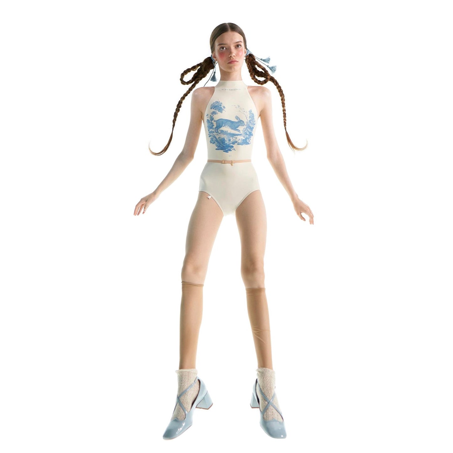 女士白色印花'ALPINE FAUNA'挂脖芭蕾舞连体衣(201LE20VL/cuniculus)