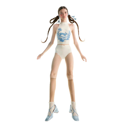 女士白色印花'ALPINE FAUNA'挂脖芭蕾舞连体衣(201LE20VL/cuniculus)