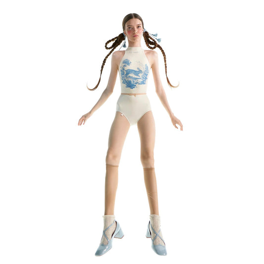 女士白色印花'ALPINE FAUNA'挂脖芭蕾舞连体衣(201LE20VL/cuniculus)