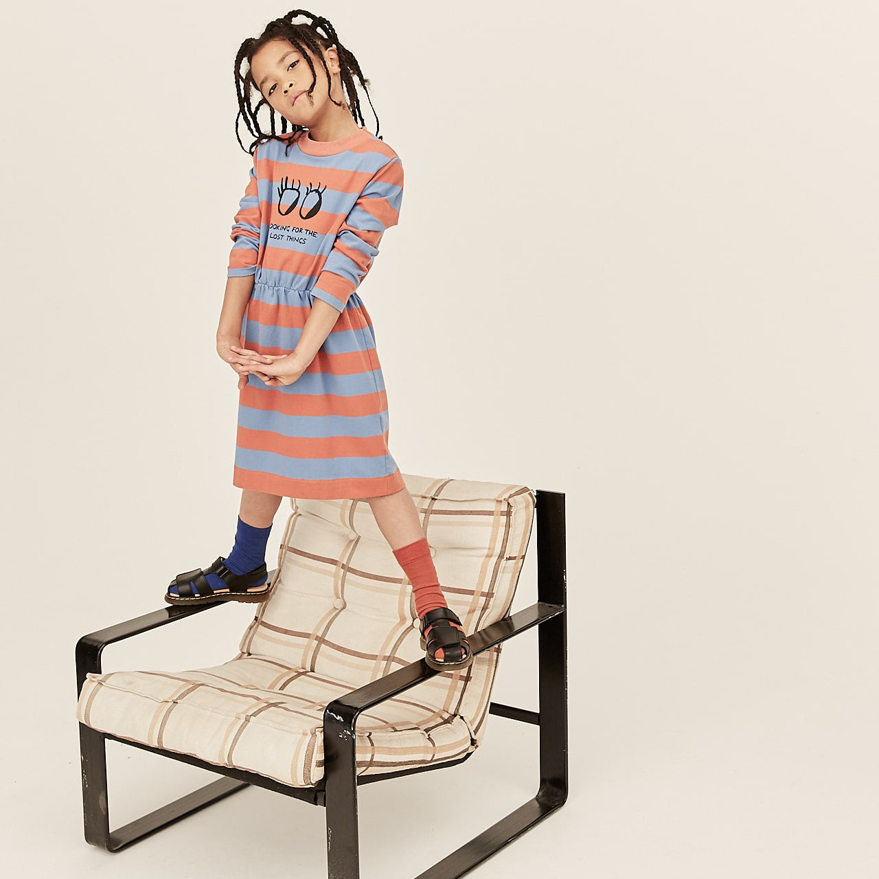 女童蓝色条纹棉连衣裙