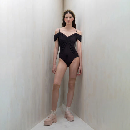 女士深紫色"RUCHED BUTTERFLY" Off-shoulder芭蕾舞连体衣(261LE77VD/deep purple)