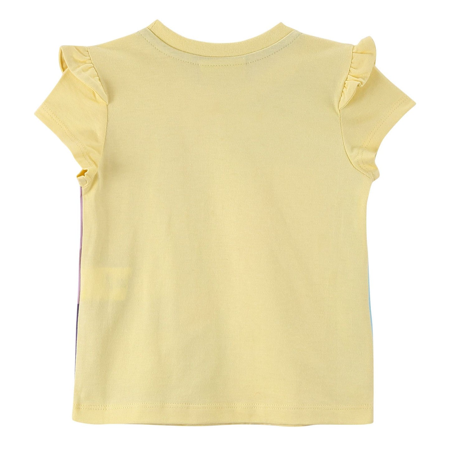 Girls Multicolour Cotton T-Shirt With Yellow Frilly Cuffs