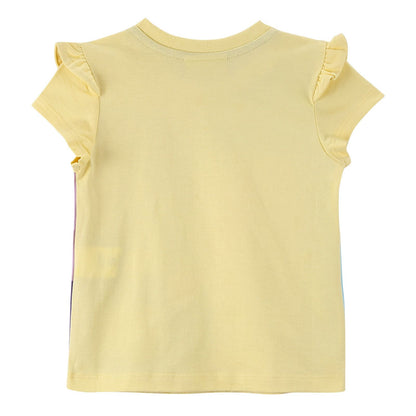 Girls Multicolour Cotton T-Shirt With Yellow Frilly Cuffs