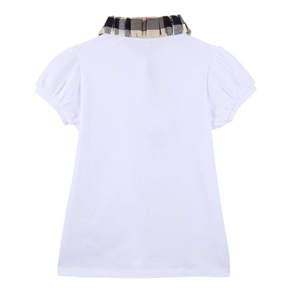 Girls White Cotton T-Shirt With Check Collar
