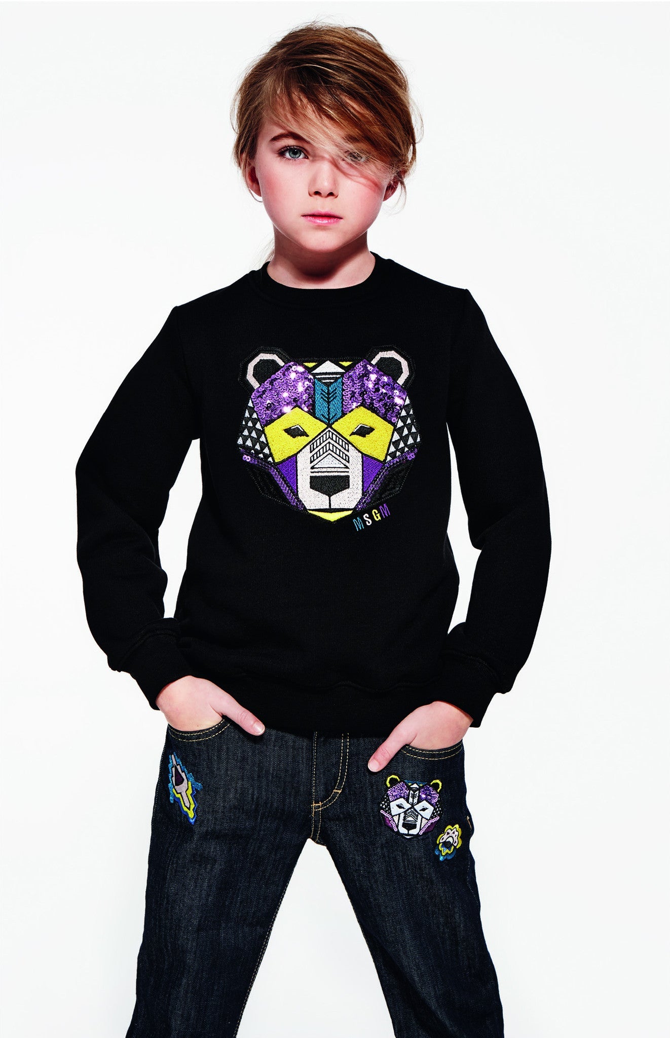 Girls Black Embroidered Trims Cotton Sweatshirt