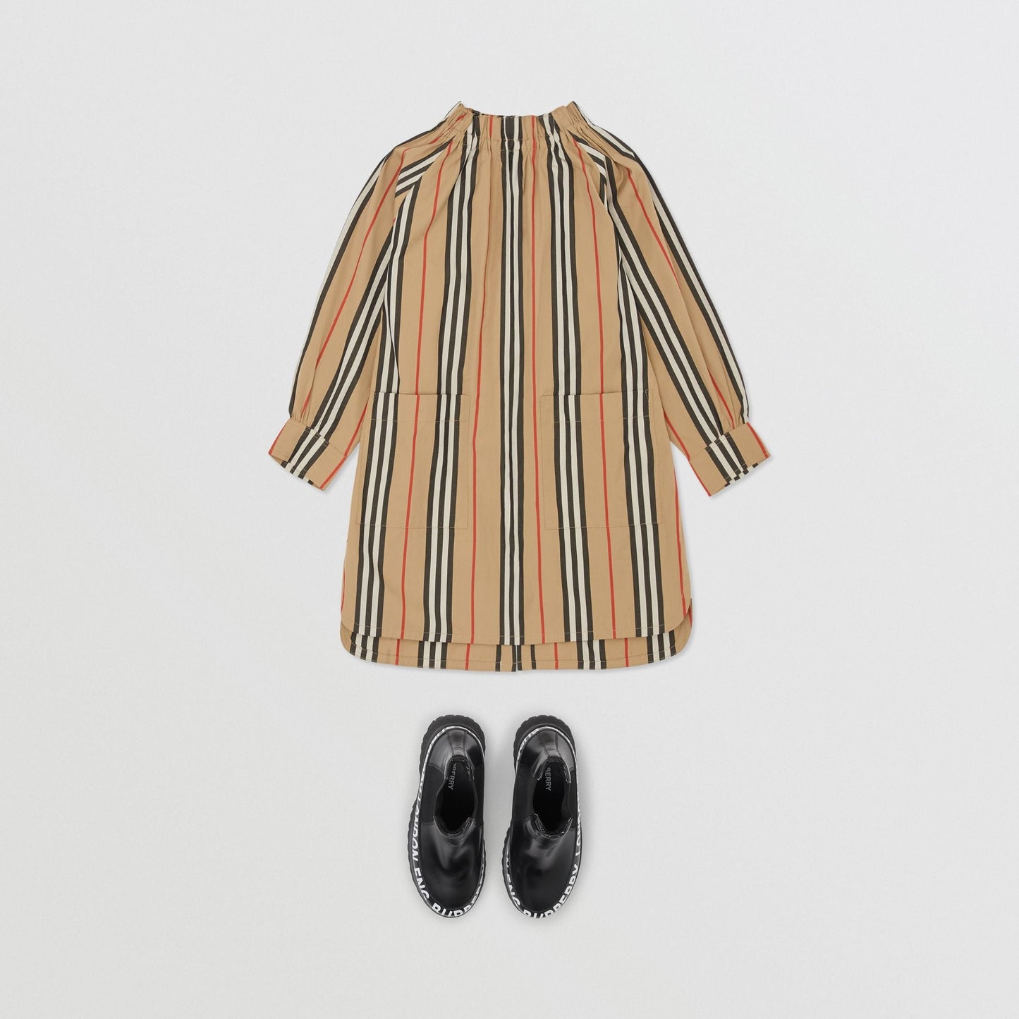 Girls Beige Striped Cotton Dress
