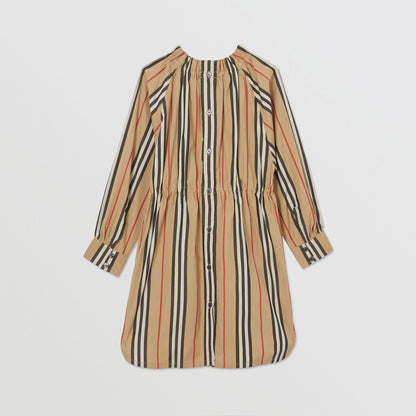 Girls Beige Striped Cotton Dress