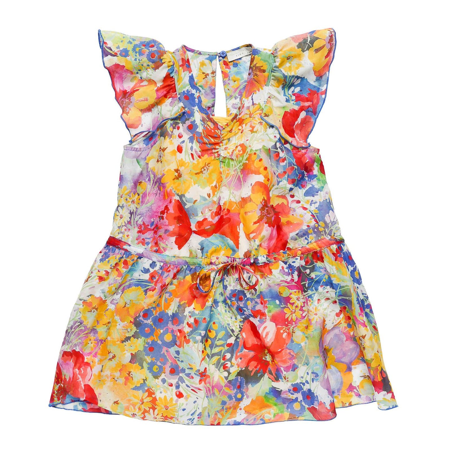 Girls Multicolor Floral Printed Woven Dress With Frill Hemline