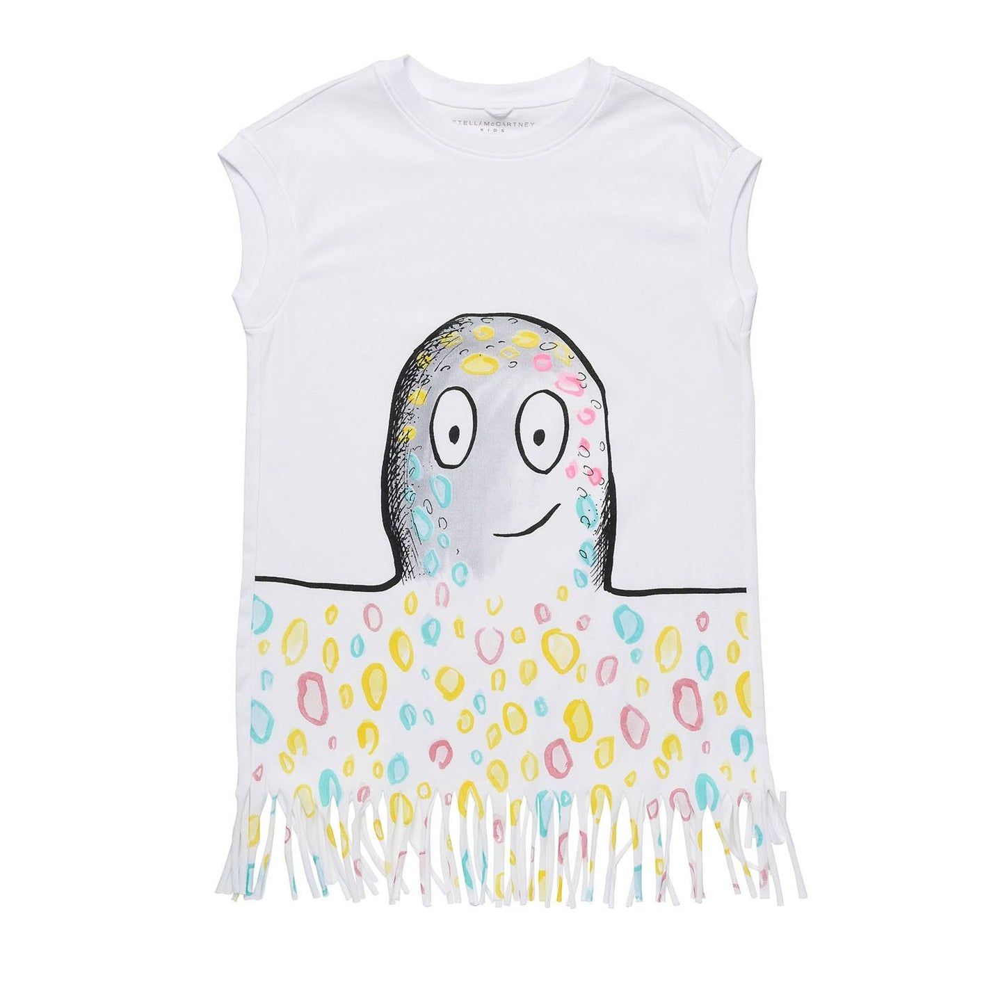 Girls White Octopus Printed Cotton Dress With Frills Design
