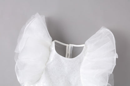 女童白色蝴蝶袖长礼服裙