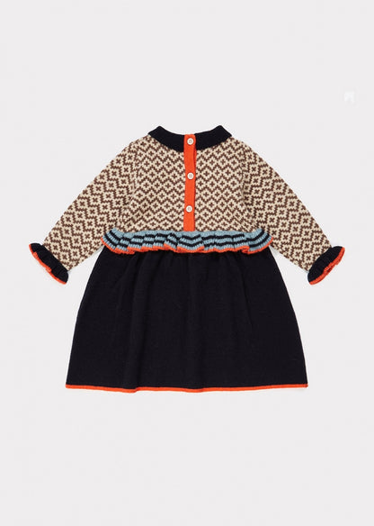 女婴藏青色收腰羊毛连衣裙