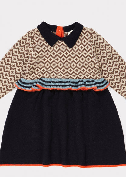 女婴藏青色收腰羊毛连衣裙