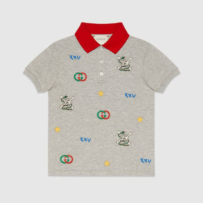Boys Grey Embroidered Cotton Polo Shirt