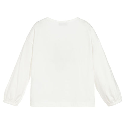 Girls White Logo Long Sleeves Cotton T-shirt
