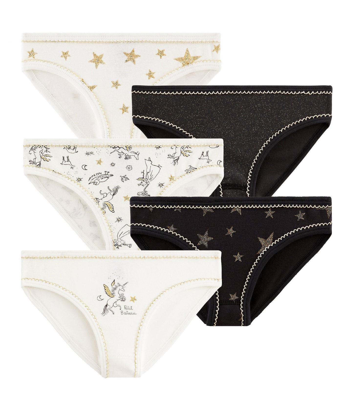 Girls White & Black Cotton Underwear Set (5 Pieces)