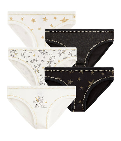 Girls White & Black Cotton Underwear Set (5 Pieces)