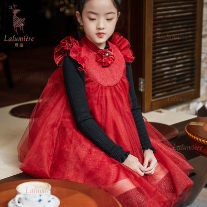 女童红色飞袖新年礼服裙（胸花可拆卸)加68元可获得价值188元限量笔记本+品牌插画贴纸