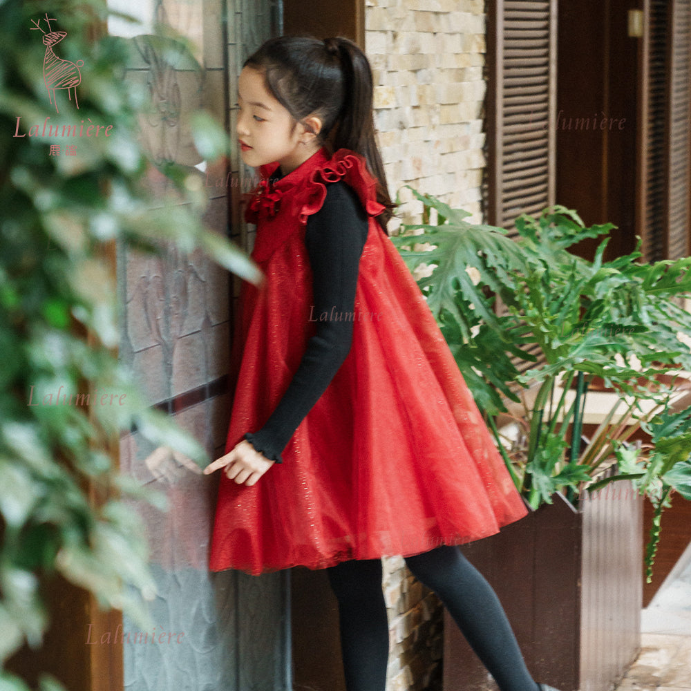 女童红色飞袖新年礼服裙（胸花可拆卸)加68元可获得价值188元限量笔记本+品牌插画贴纸