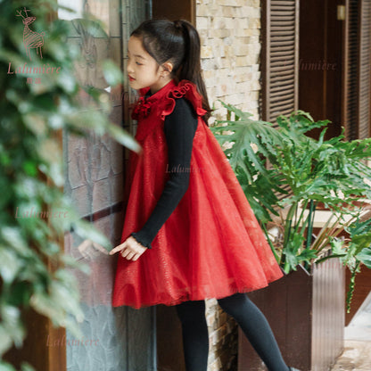 女童红色飞袖新年礼服裙（胸花可拆卸)加68元可获得价值188元限量笔记本+品牌插画贴纸
