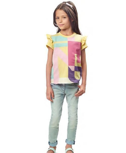 Girls Multicolour Cotton T-Shirt With Yellow Frilly Cuffs