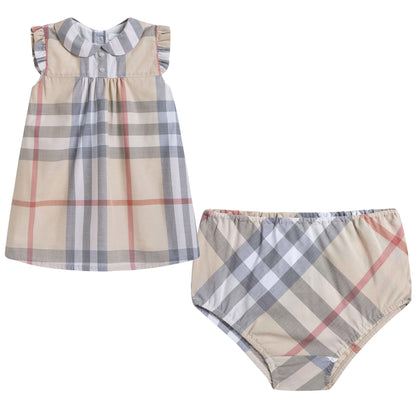 Baby Girls Beige Check Dress With Collar