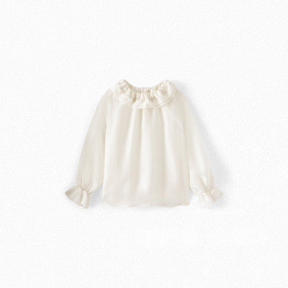 女童白色荷叶边棉上衣