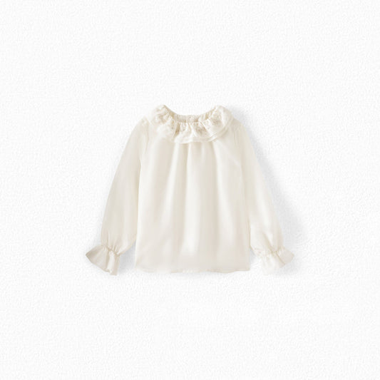 女童白色荷叶边棉上衣