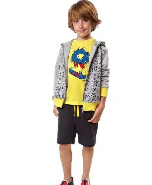 Boys Grey Cotton Printed Trims Zip-up Tops With Yellow Cuffs