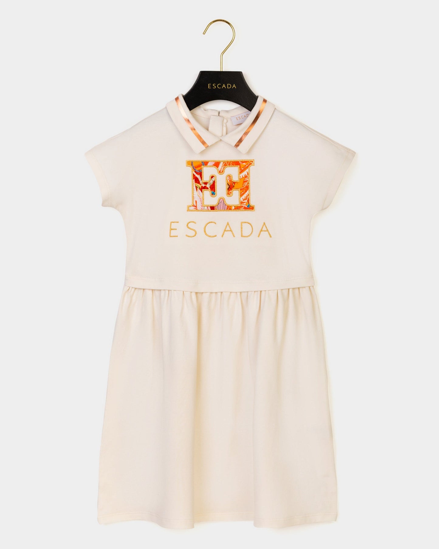 Girls Embroidered Logo Dress in Ivory