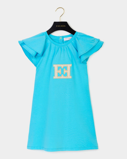Girls Embroidered Logo Dress in Blue