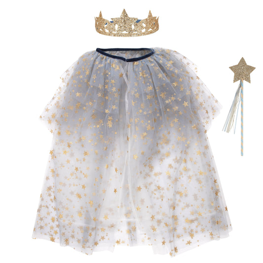 星空薄纱服装带魔杖和皇冠