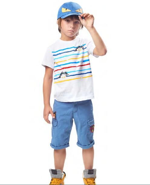 Boys White Cotton T-Shirt With Multicolour Stripe