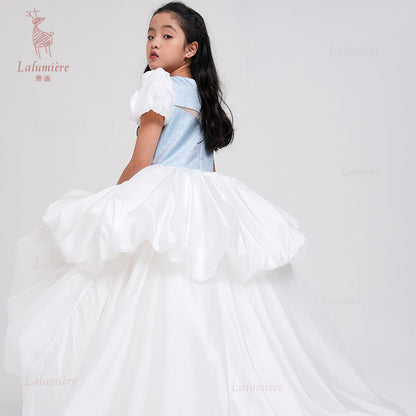 女童奇云提花拖尾礼服裙