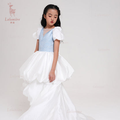 女童奇云提花拖尾礼服裙