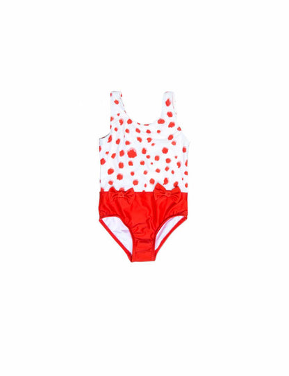 Girls Red Cotton Swinsuit With Bow Trims