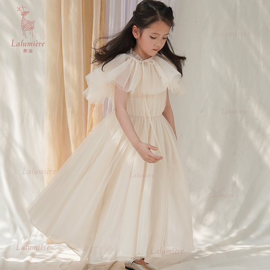 女童香槟色可拆卸斗篷礼服裙