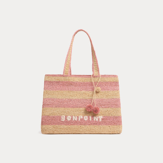 女童粉色条纹刺绣Logo拉菲草手提包( 33 x 12 x 24 cm)