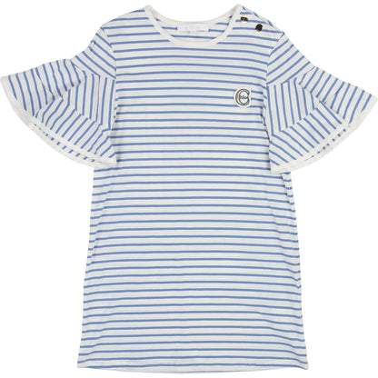 Girls White & Blue Striped Cotton T-shirt