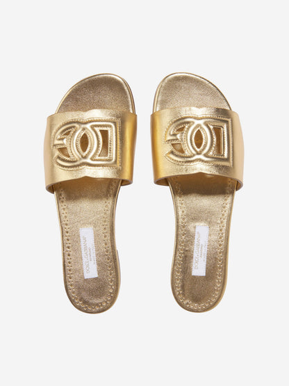 Dolce & Gabbana 女童金色皮革徽标拖鞋
