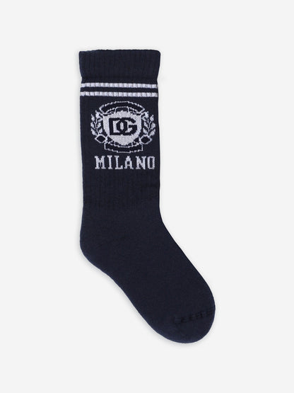Dolce & Gabbana Boys Milano 徽标袜子（海军蓝）