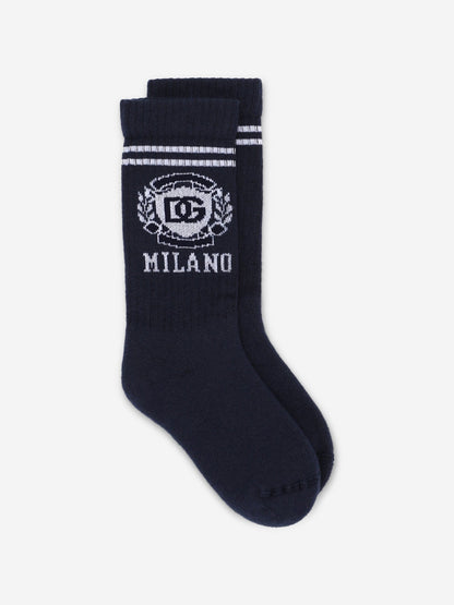 Dolce & Gabbana Boys Milano 徽标袜子（海军蓝）