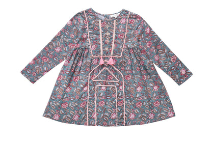 Girls Green Flower Printed Trims Cotton 'Roshy' Dress
