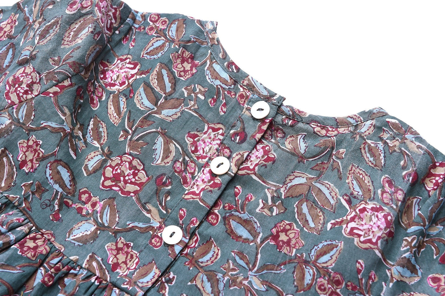 Girls Green Flower Printed Trims Cotton 'Roshy' Dress