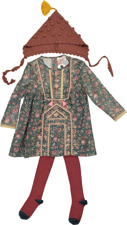Girls Green Flower Printed Trims Cotton 'Roshy' Dress