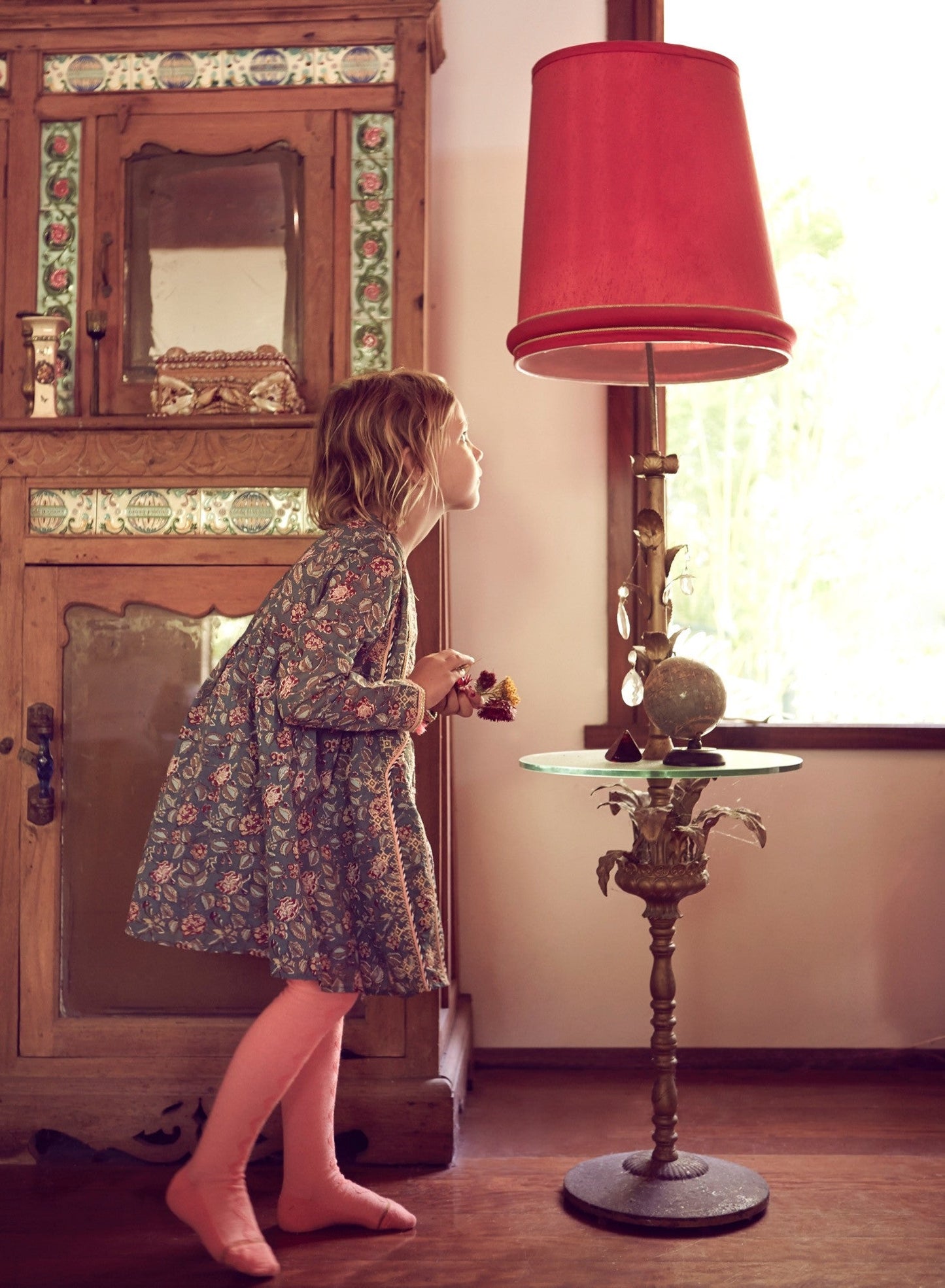 Girls Green Flower Printed Trims Cotton 'Roshy' Dress