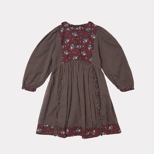 女童棕色条纹棉连衣裙