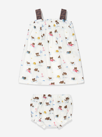 Baby Girls Bear Dress With Knickers in White
