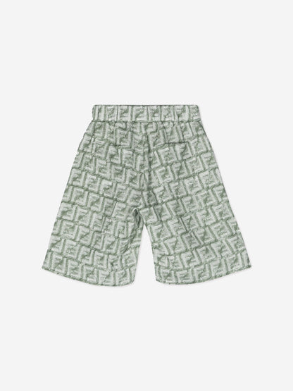 Fendi Boys 亚麻徽标绿色百慕大短裤